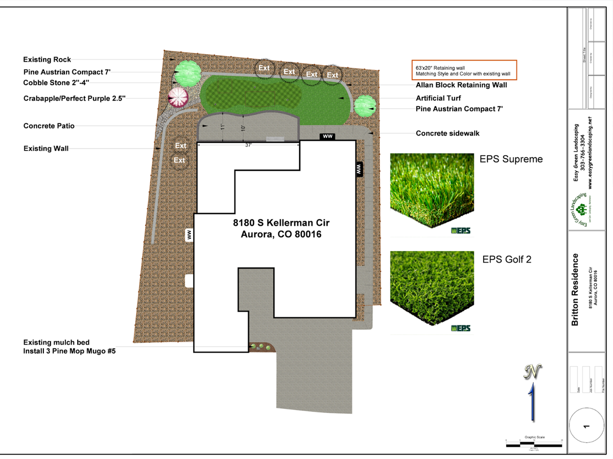 Detailed landscape design plan for residential property including patio, retaining walls, and artificial turf.
